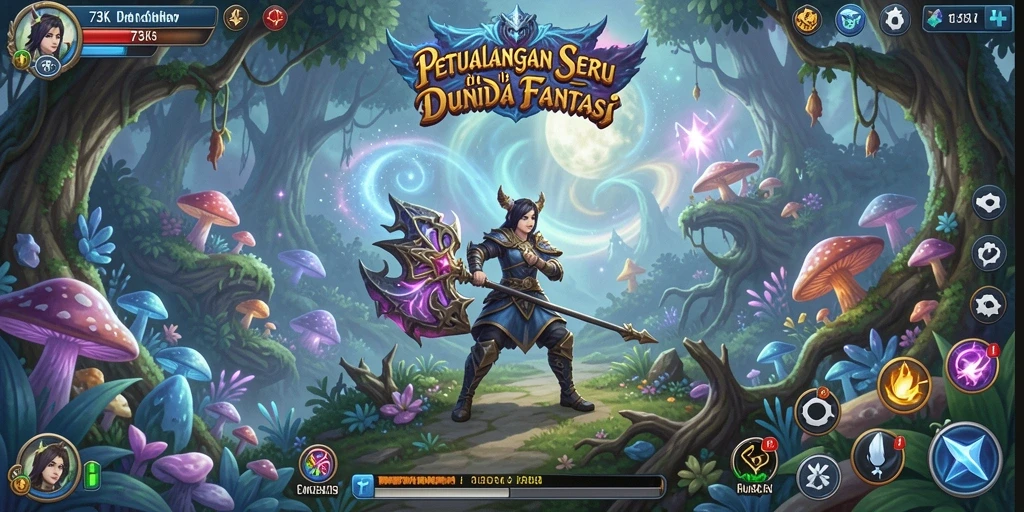 Screenshot utama dari gameplay 73K yang menampilkan karakter menjelajah dunia petualangan.