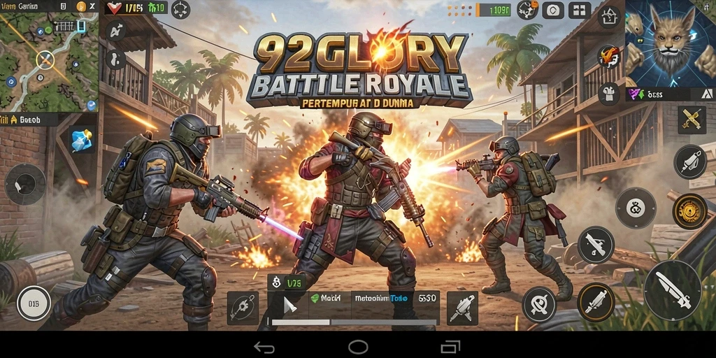 Screenshot gameplay 92GLORY menampilkan pertempuran seru dalam arena Battle Royale.