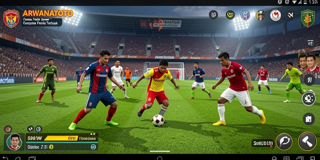 Screenshot menunjukkan gameplay dinamis dari ARWANATOTO selama pertandingan sepak bola.