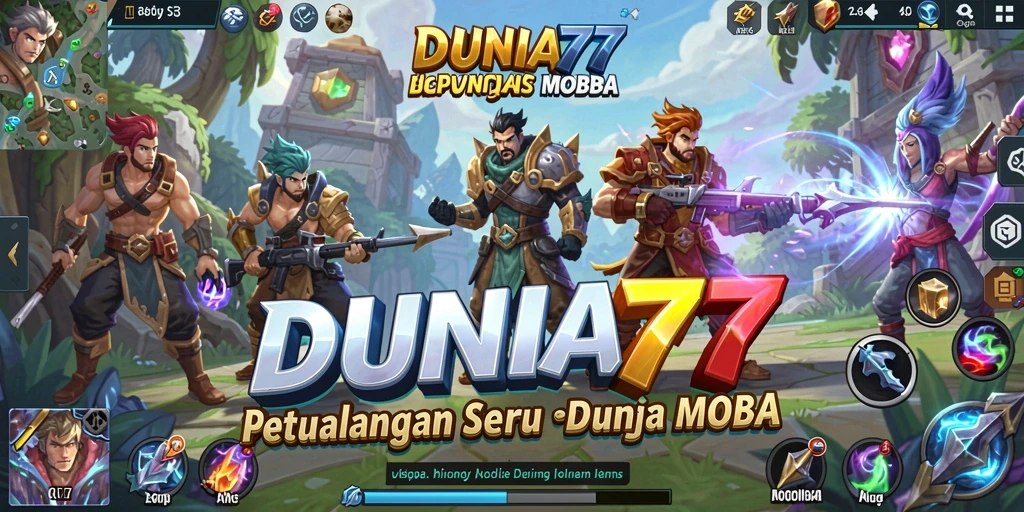 Screenshot gameplay DUNIA77 dengan aksi seru di arena pertempuran MOBA.