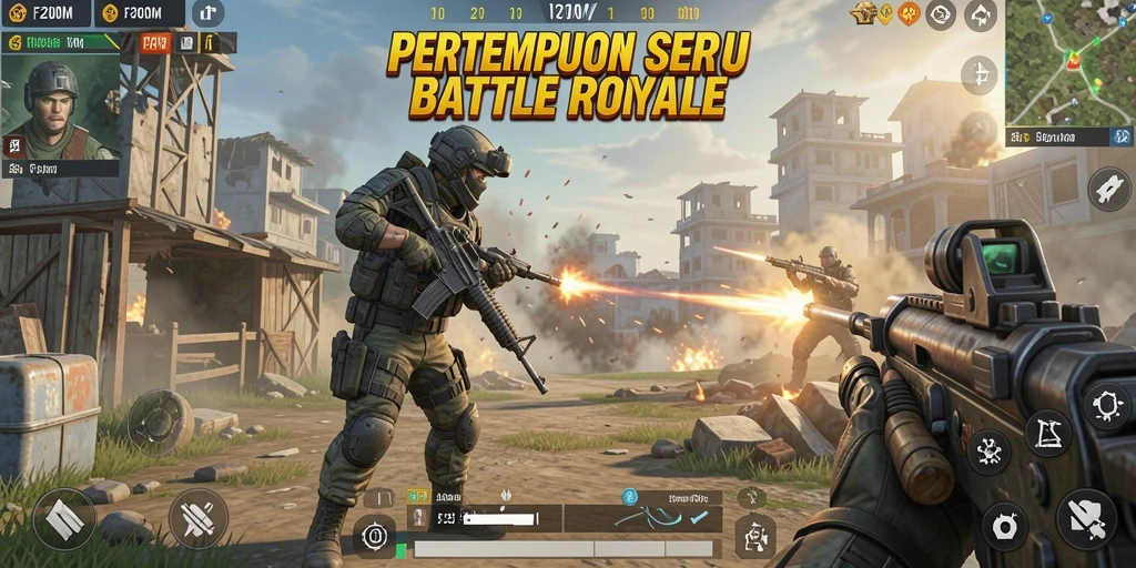 Screenshot F200M menampilkan aksi intens dalam pertempuran Battle Royale.