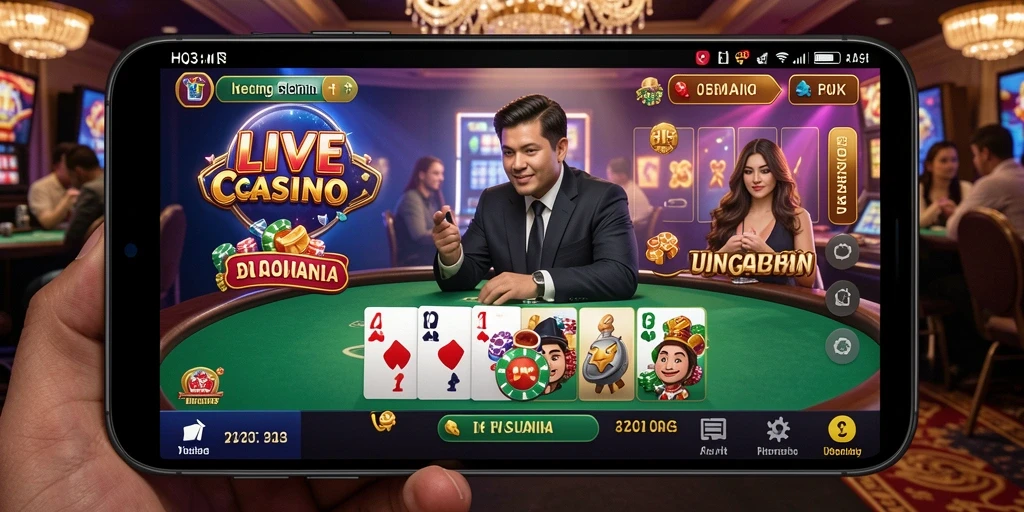 Screenshot gameplay H03 yang menampilkan dealer langsung dalam suasana kasino.