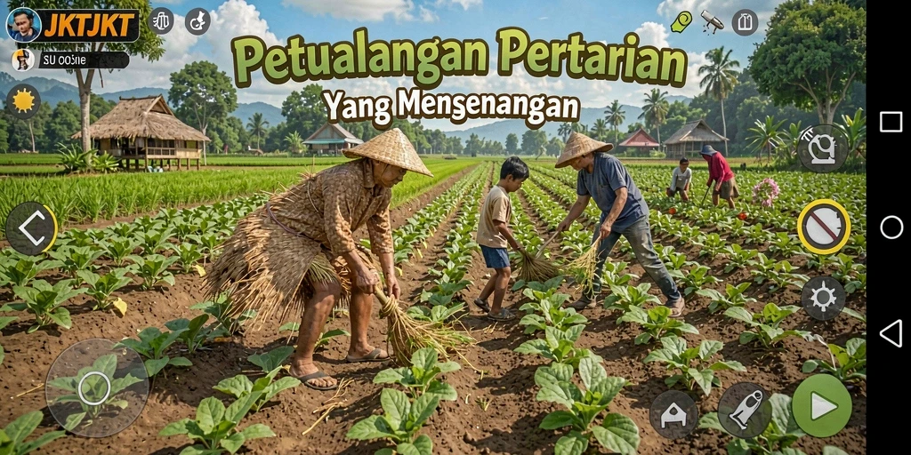 Tangkapan layar menunjukkan gameplay <strong>JKTJKT</strong> dengan aktivitas pertanian yang seru.