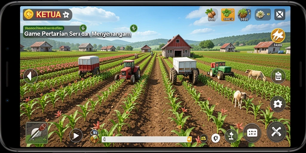 Tangkapan layar gameplay KETUA yang menunjukkan momen seru bertani.