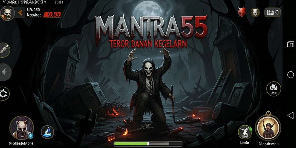 Tangkapan layar gameplay MANTRA55 dengan suasana horor yang mencekam.