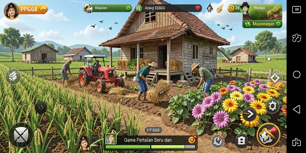 Tangkapan layar gameplay PGG68 yang menampilkan ladang pertanian yang subur.