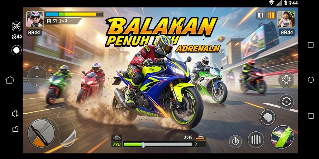 Tampilan screenshot utama RR44 menampilkan aksi balapan motor yang seru.