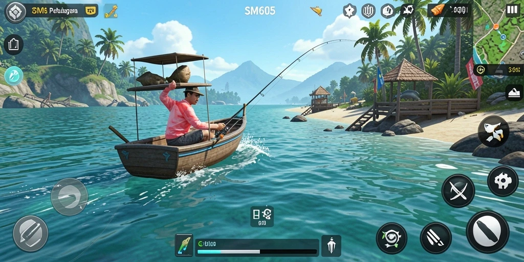 Tampilan gameplay SM605 yang mendebarkan saat memancing.