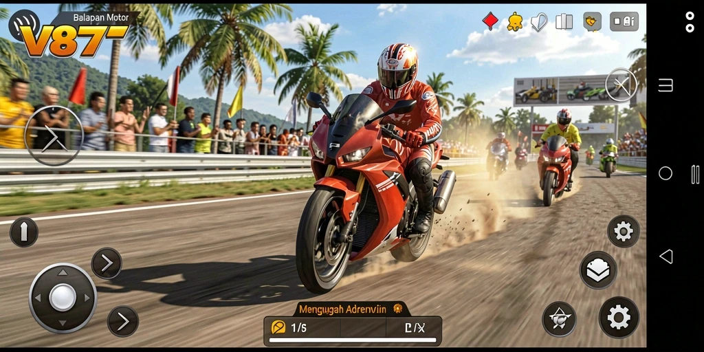 Screenshot V87 menampilkan aksi balapan motor yang mendebarkan.